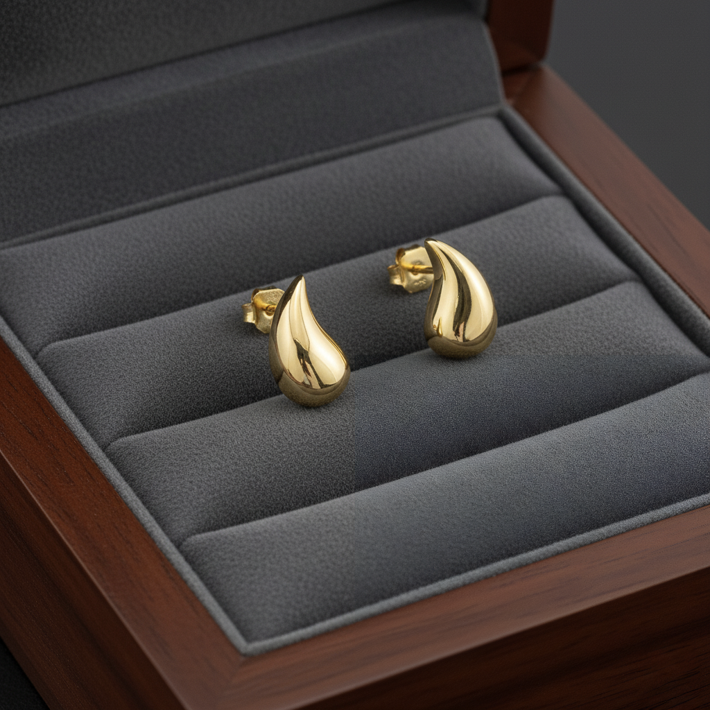 Pendientes Studs Gota Plana 12mm en Plata de Ley 925 Rodiada y Baño de Oro