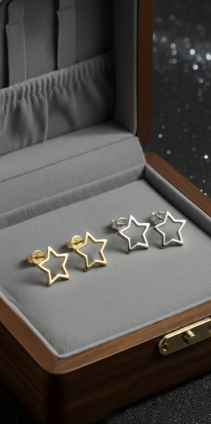 Pendientes mini Studs Estrella Calada 11mm en Plata de Ley 925 y Baño de Oro 18K
