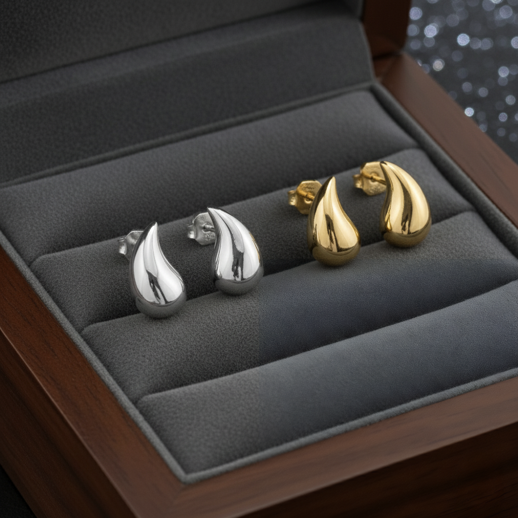 Pendientes Studs Gota Plana 12mm en Plata de Ley 925 Rodiada y Baño de Oro