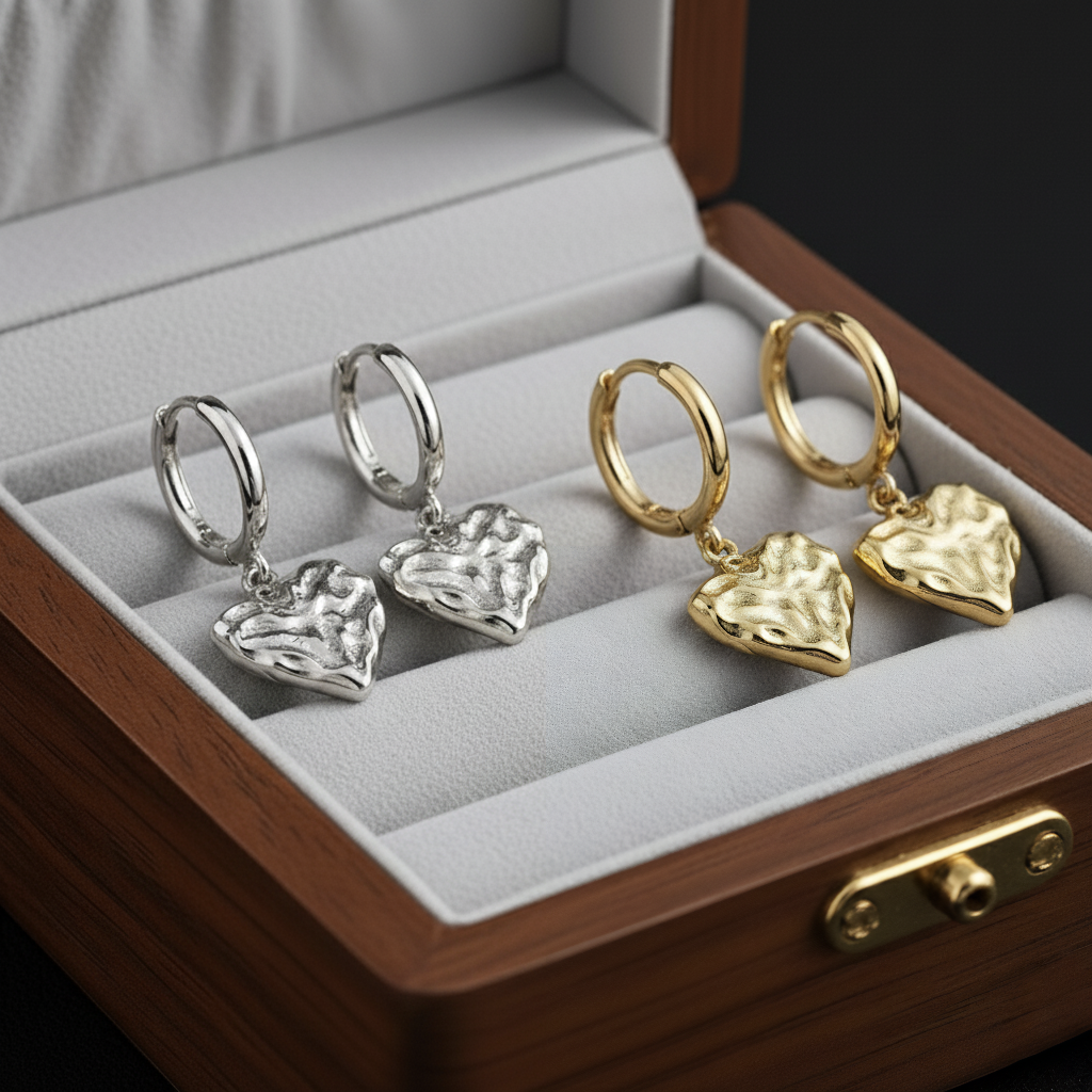 Aros Huggie Chunky Corazón 'Croissant' Texturizados en Plata de Ley 925 y Baño de Oro 18K