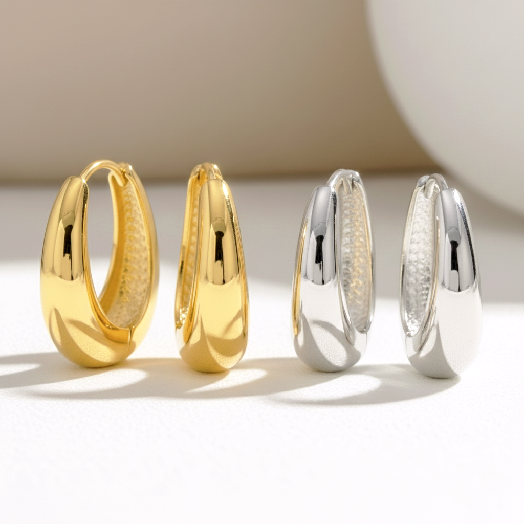 Set de 3 Pares de Aros Chunky (Gruesos) en Plata de Ley 925 y Baño de Oro
