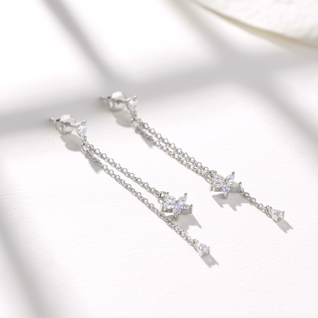 Pendientes Largos con Cadena, Flor y Gota en Plata de Ley 925 Bañada en Oro