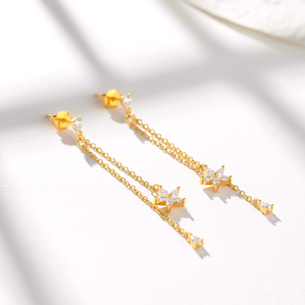 Pendientes Largos con Cadena, Flor y Gota en Plata de Ley 925 Bañada en Oro