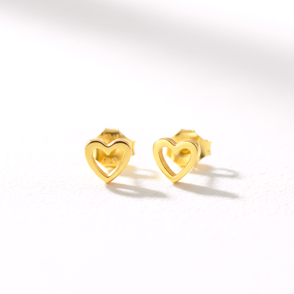 Pendientes mini Studs Corazón Hueco 5mm en Plata de Ley 925 y Baño de Oro