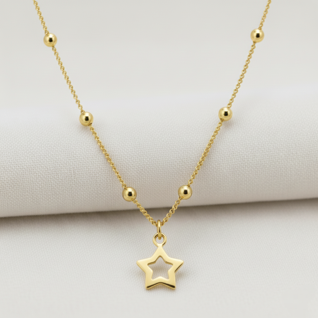 Gargantilla Cadena de Bolas con Estrellas en Plata de Ley 925 Bañada en Oro 18K