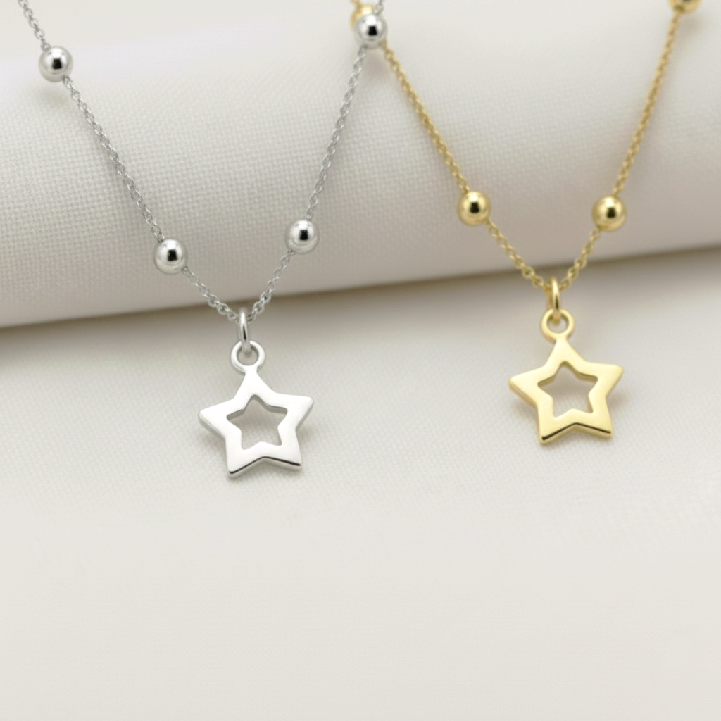 Gargantilla Cadena de Bolas con Estrellas en Plata de Ley 925 Bañada en Oro 18K