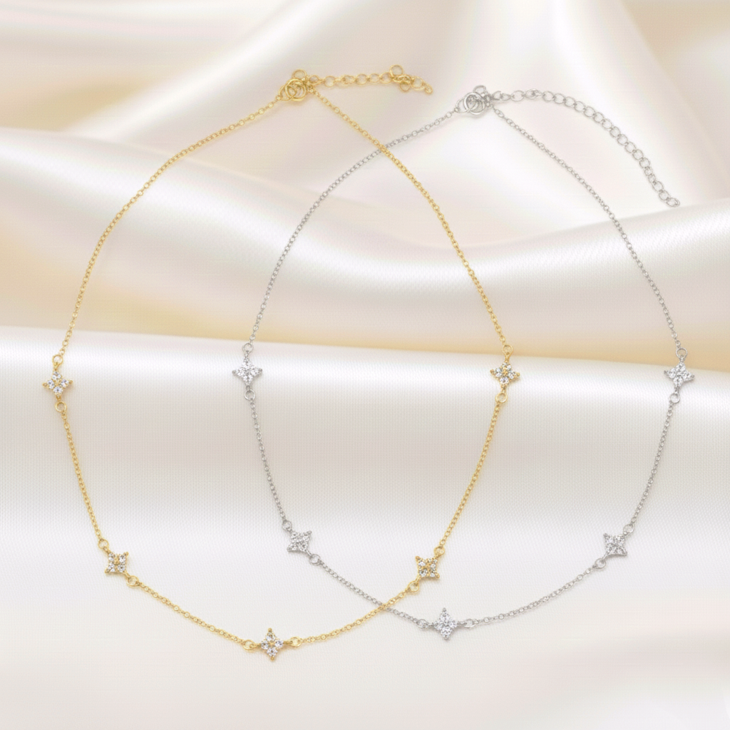 Collar Gargantilla Cadena con Estrellas de Circonitas (6mm) en Plata de Ley 925 Bañada en Oro 18K