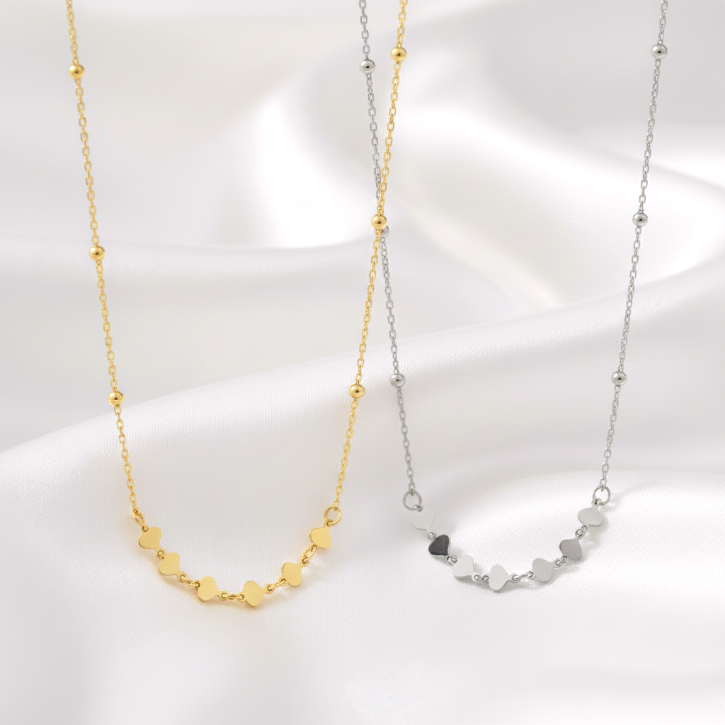 Gargantilla Cadena de Bolitas y Corazones Planos en Plata de Ley 925 Bañada en Oro 18K