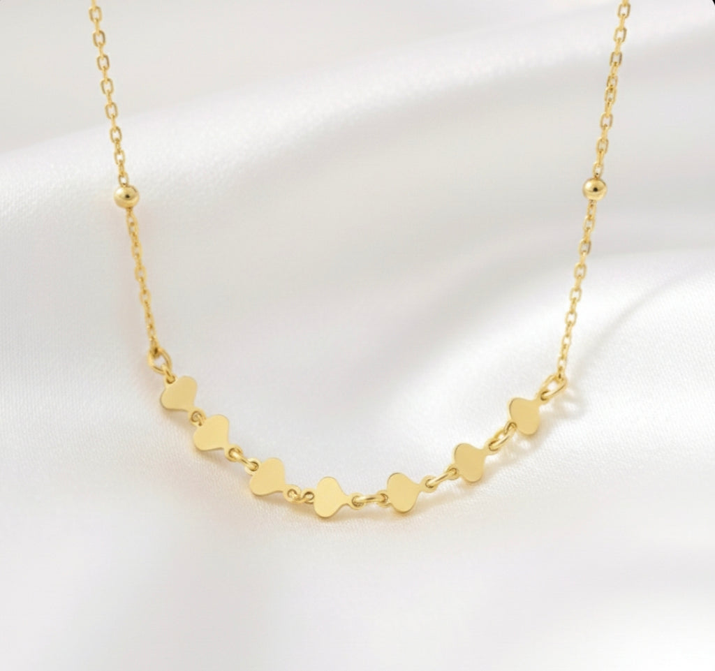 Gargantilla Cadena de Bolitas y Corazones Planos en Plata de Ley 925 Bañada en Oro 18K