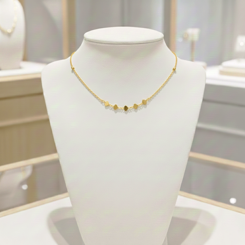 Gargantilla Cadena de Bolitas y Corazones Planos en Plata de Ley 925 Bañada en Oro 18K