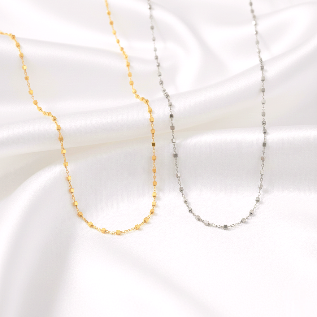 Gargantilla Cadena de cuadritos en Plata de Ley 925 Bañada en Oro 18K (Doble Medida)