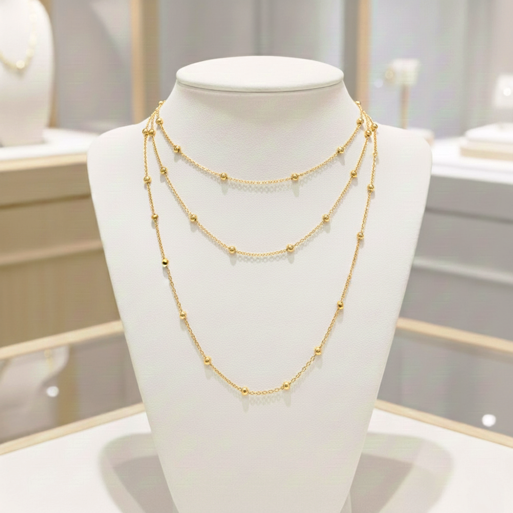 Gargantilla Cadena de Bolitas (2.5mm) en Plata de Ley 925 Bañada en Oro 18K (Triple Medida Ajustable)