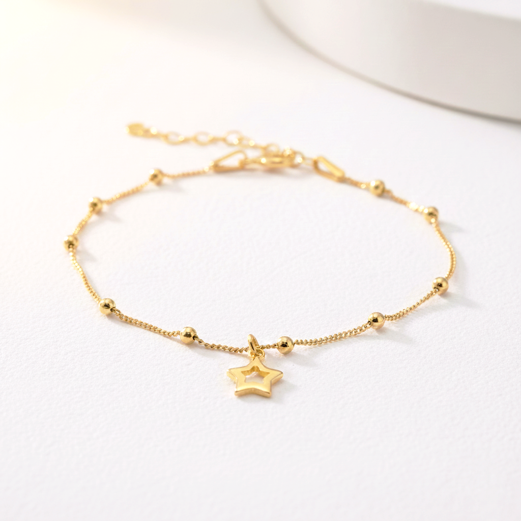 Pulsera Cadena de Bolas y Estrella Colgante Ajustable en Plata de Ley 925 Bañada en Oro de 18K