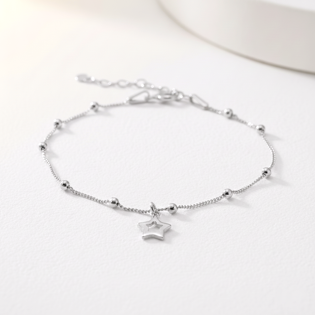 Pulsera Cadena de Bolas y Estrella Colgante Ajustable en Plata de Ley 925 Bañada en Oro de 18K