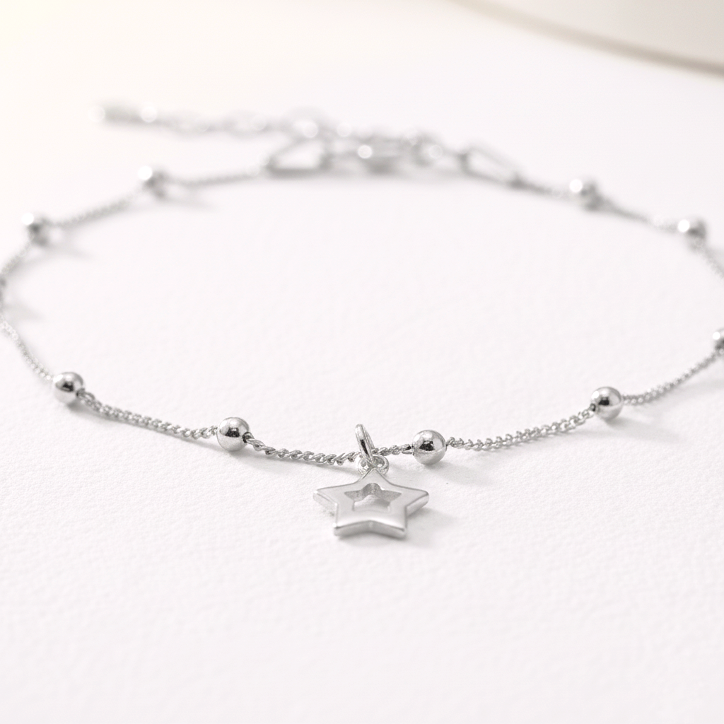 Pulsera Cadena de Bolas y Estrella Colgante Ajustable en Plata de Ley 925 Bañada en Oro de 18K