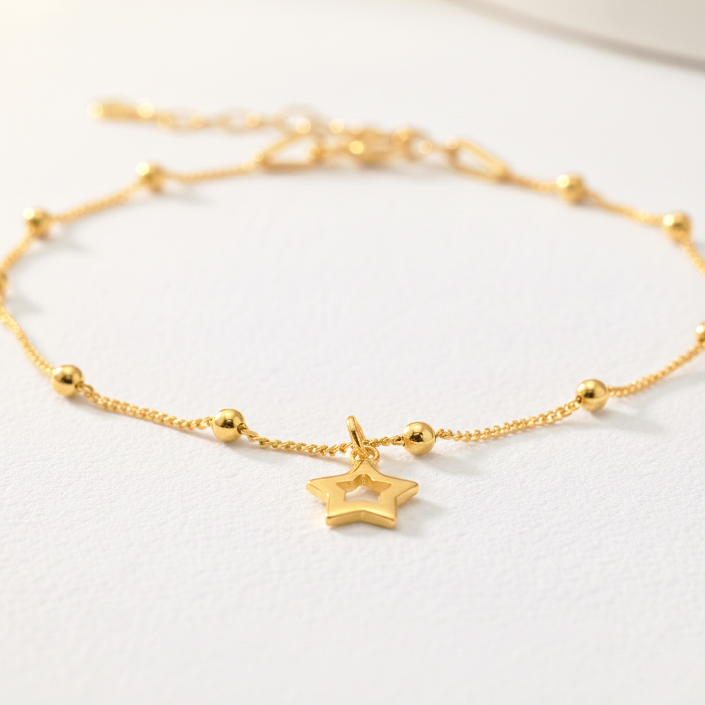 Pulsera Cadena de Bolas y Estrella Colgante Ajustable en Plata de Ley 925 Bañada en Oro de 18K