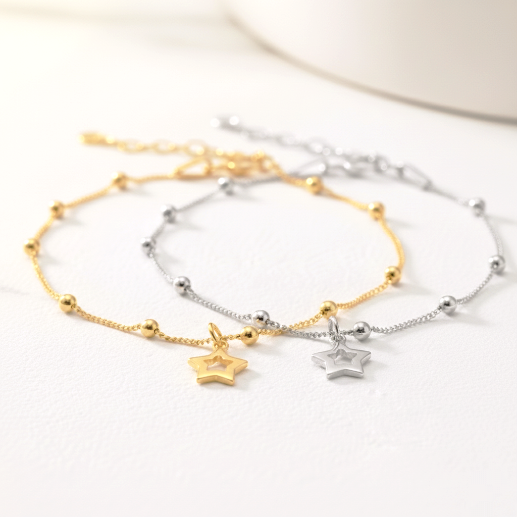 Pulsera Cadena de Bolas y Estrella Colgante Ajustable en Plata de Ley 925 Bañada en Oro de 18K