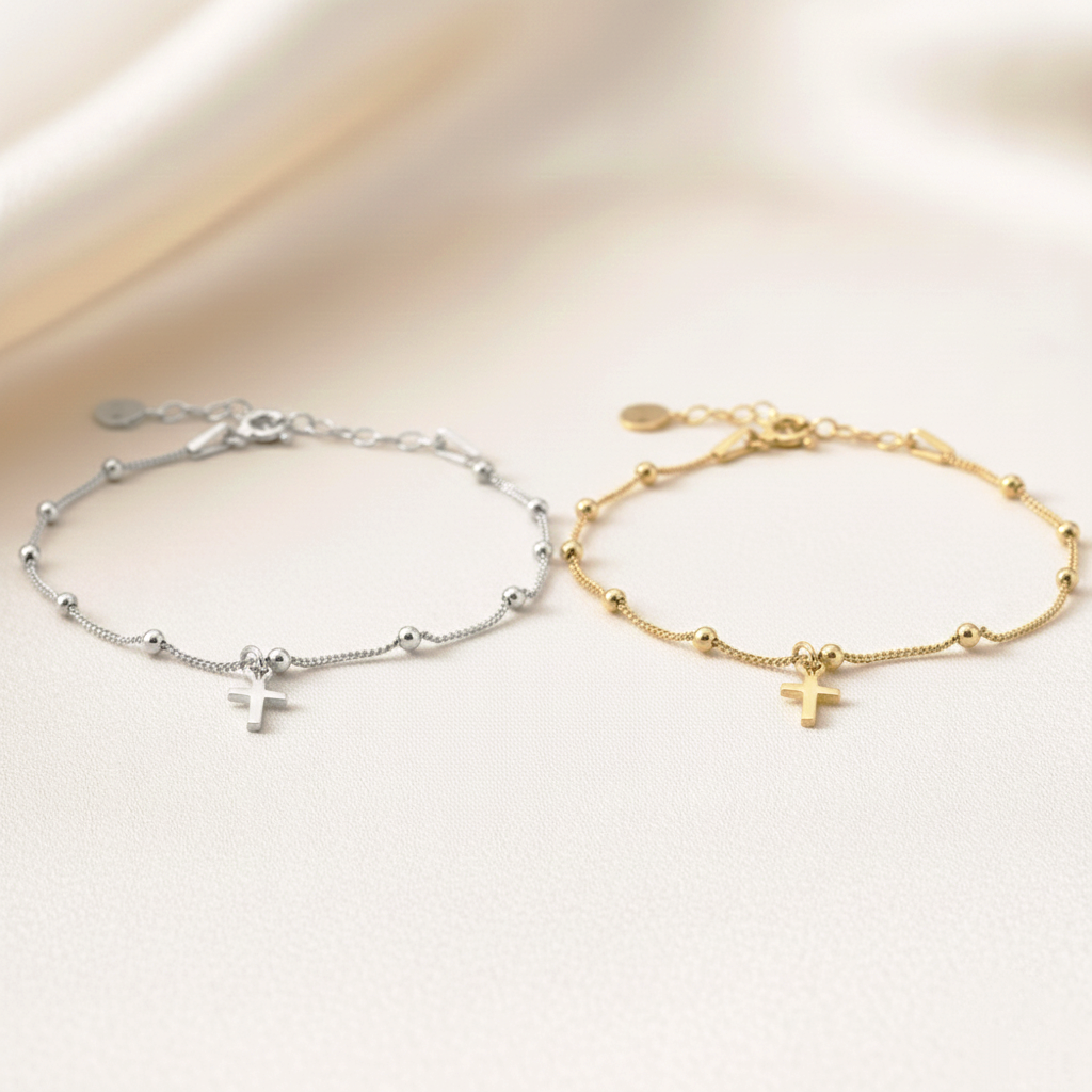 Pulsera Cadena de Bolas y Cruz Colgante Ajustable en Plata de Ley 925 Bañada en Oro de 18K