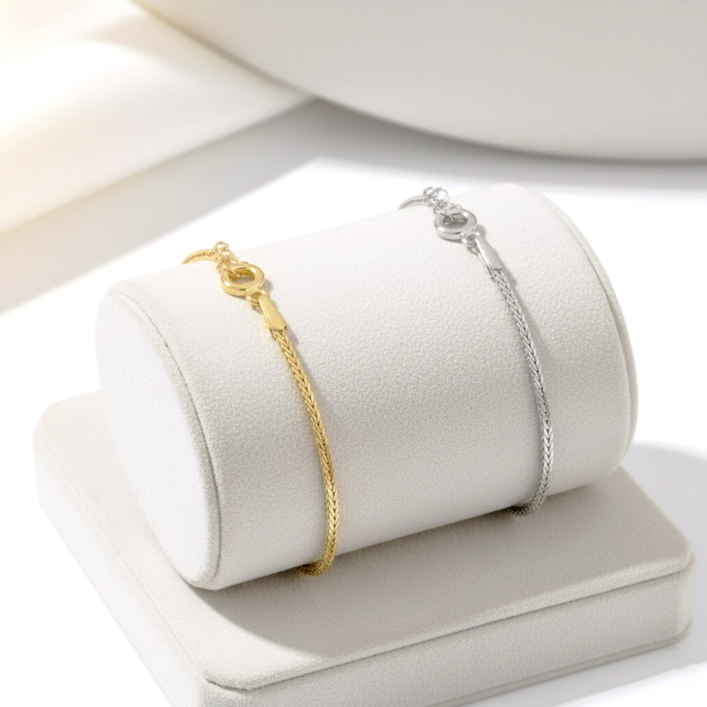 Pulsera Cadena de Espiga Trenzada Fina (1.5mm) en Plata de Ley 925 Bañada en Oro 18K