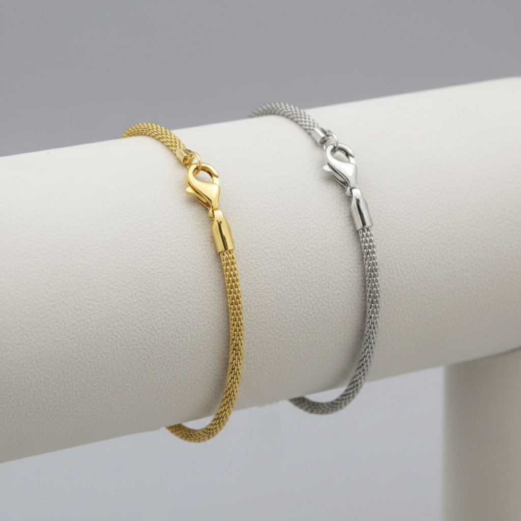 Pulsera Cordón de Malla Fina y Ajustable en Plata de Ley 925 Bañada en Oro de 18K