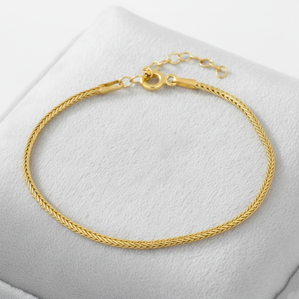 Pulsera Cadena de Espiga Trenzada Fina (1.5mm) en Plata de Ley 925 Bañada en Oro 18K