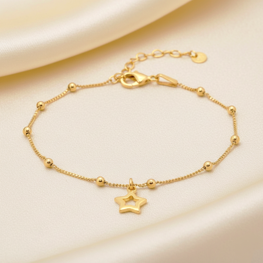 Pulsera Cadena de Bolas y Estrella Colgante Ajustable en Plata de Ley 925 Bañada en Oro de 18K