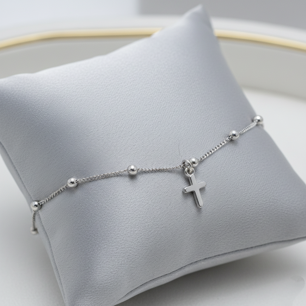 Pulsera Cadena de Bolas y Cruz Colgante Ajustable en Plata de Ley 925 Bañada en Oro de 18K