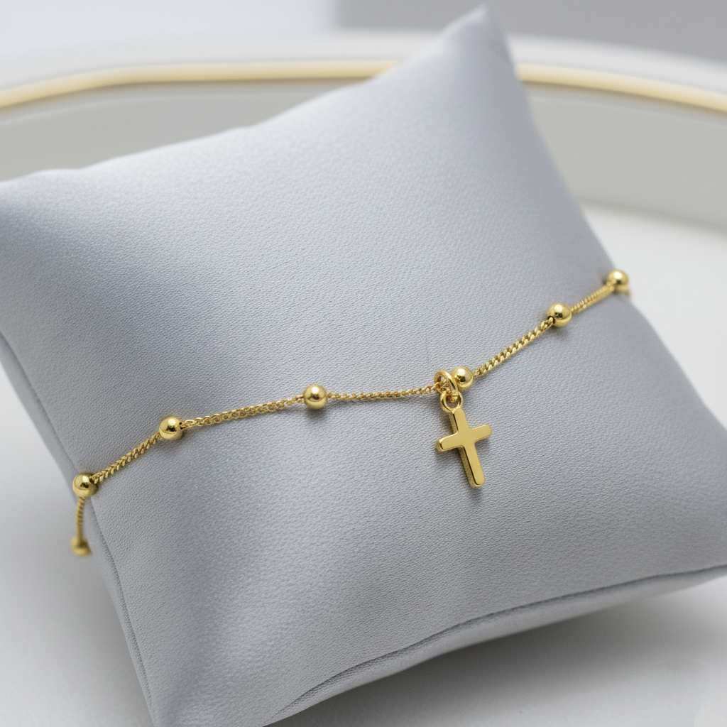 Pulsera Cadena de Bolas y Cruz Colgante Ajustable en Plata de Ley 925 Bañada en Oro de 18K