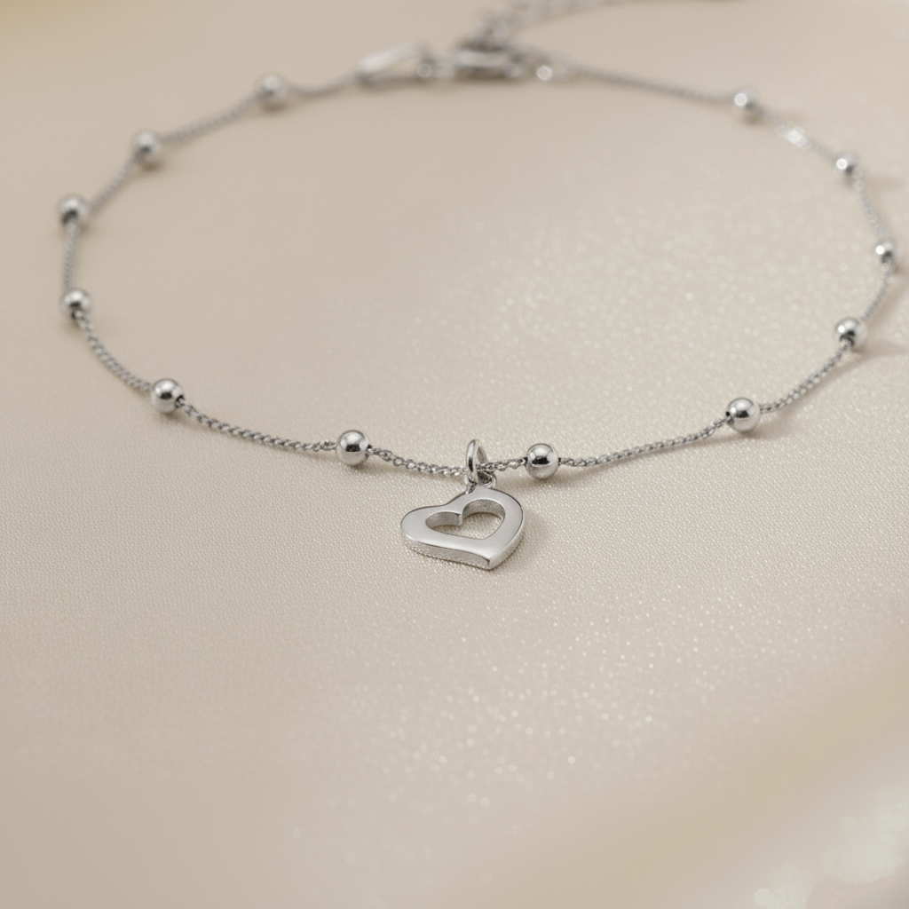 Pulsera Cadena de Bolas y Corazón Calado Colgante Ajustable en Plata de Ley 925 Bañada en Oro de 18K