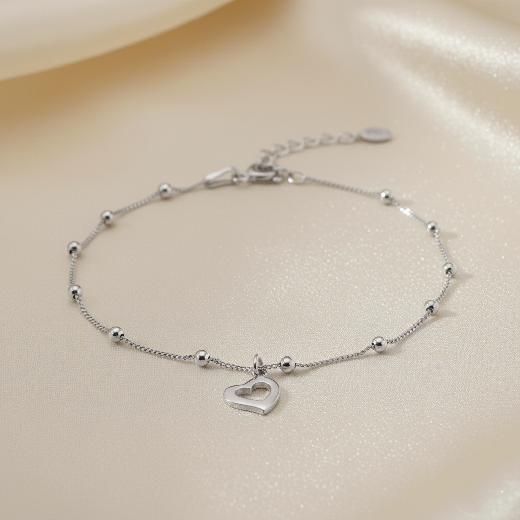 Pulsera Cadena de Bolas y Corazón Calado Colgante Ajustable en Plata de Ley 925 Bañada en Oro de 18K