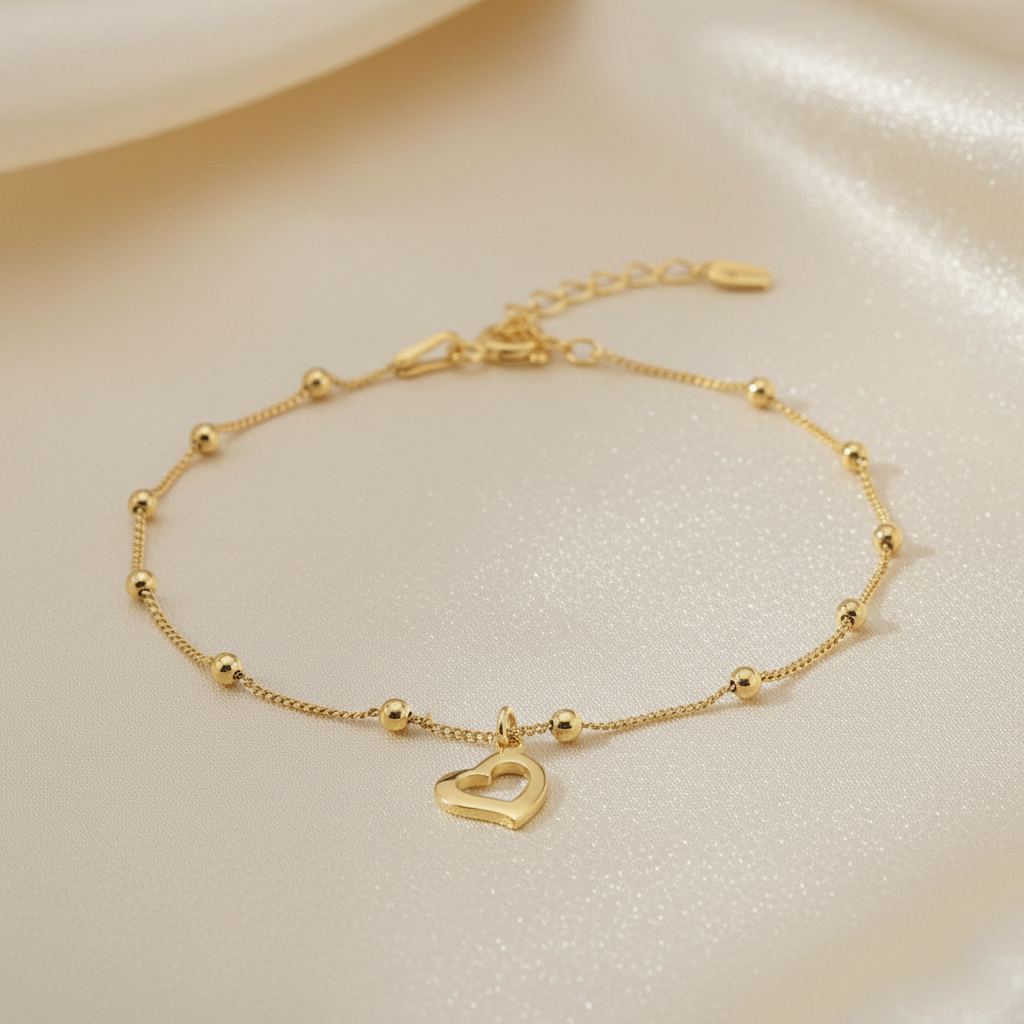 Pulsera Cadena de Bolas y Corazón Calado Colgante Ajustable en Plata de Ley 925 Bañada en Oro de 18K