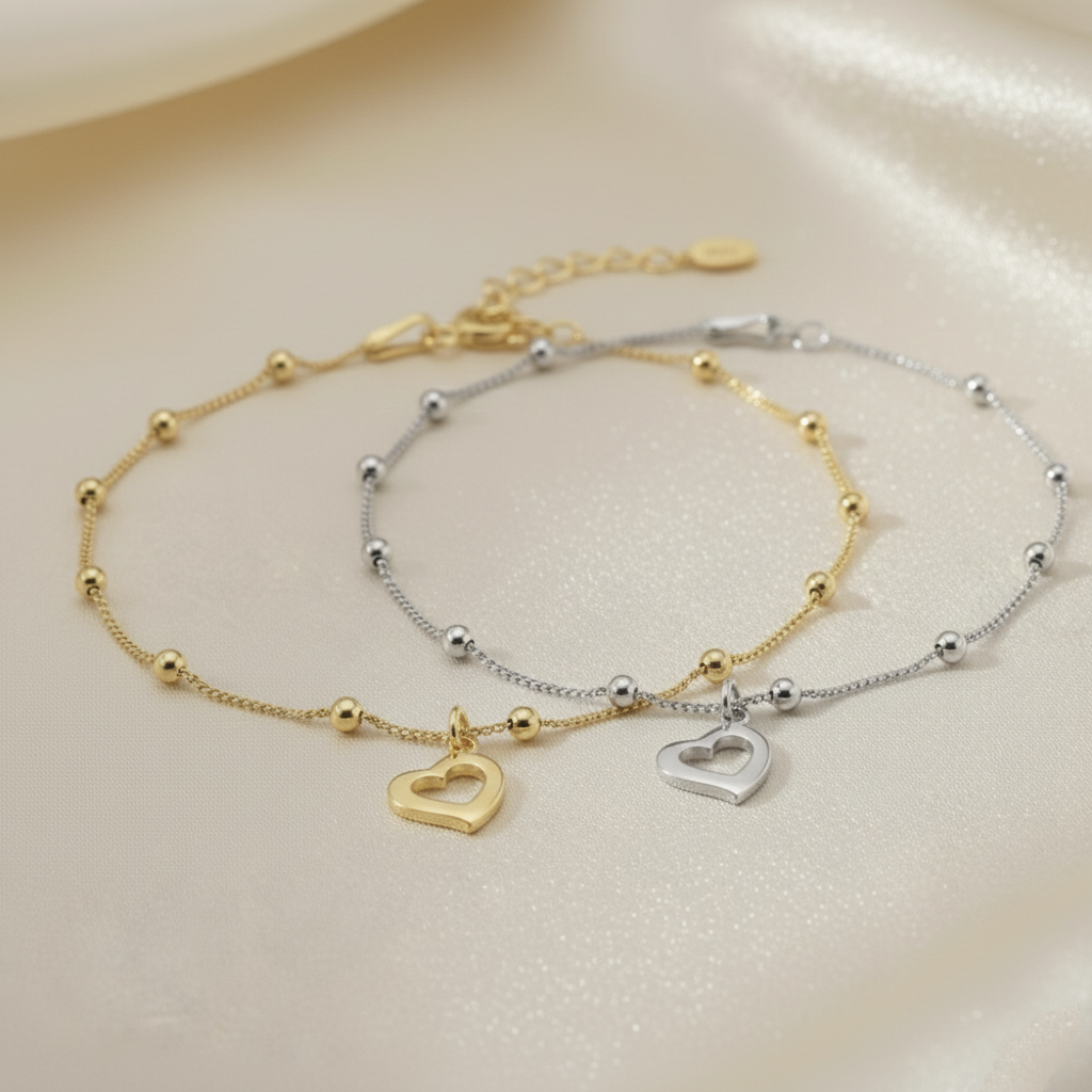 Pulsera Cadena de Bolas y Corazón Calado Colgante Ajustable en Plata de Ley 925 Bañada en Oro de 18K