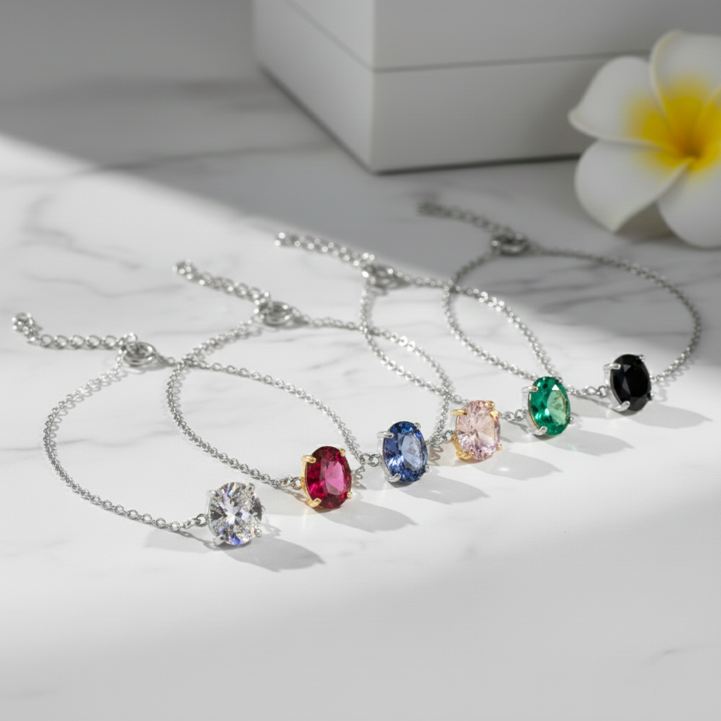 Pulsera de Circonita Ovalada de 8x6mm en Plata de Ley 925 Bañada en Oro de 18K (6 Colores)