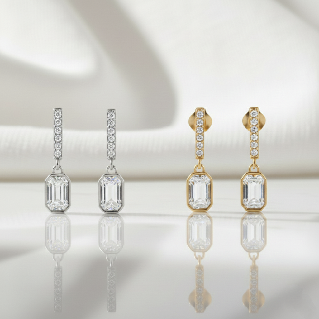 Pendientes Rectángulo con Circonitas en Plata de Ley 925 Bañada en Oro 18K