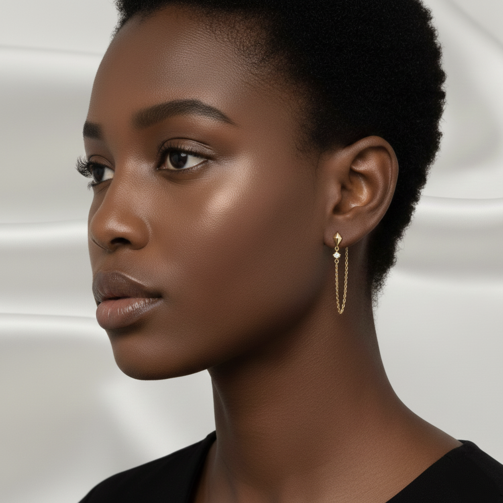 Pendientes de Cadena con Rombo y Circonita en Plata de Ley 925 Bañada en Oro 18K