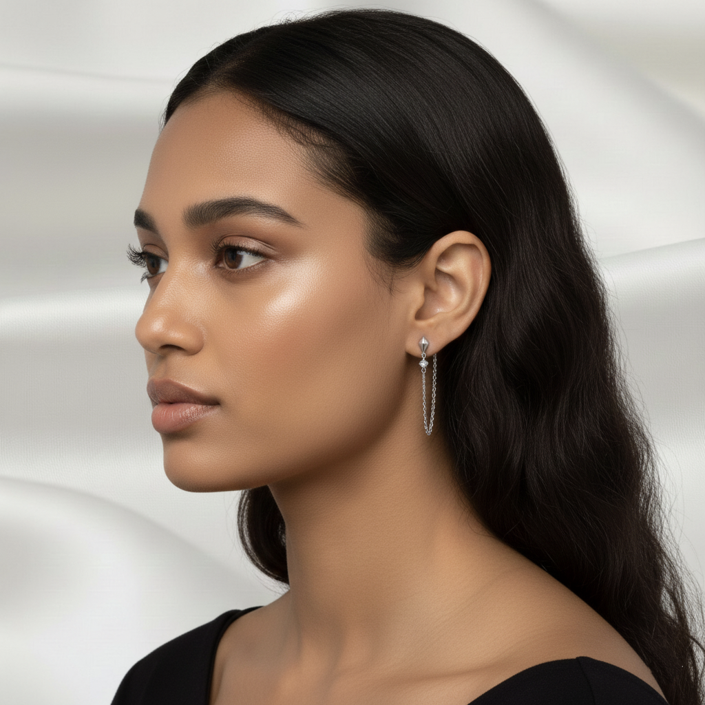 Pendientes de Cadena con Rombo y Circonita en Plata de Ley 925 Bañada en Oro 18K