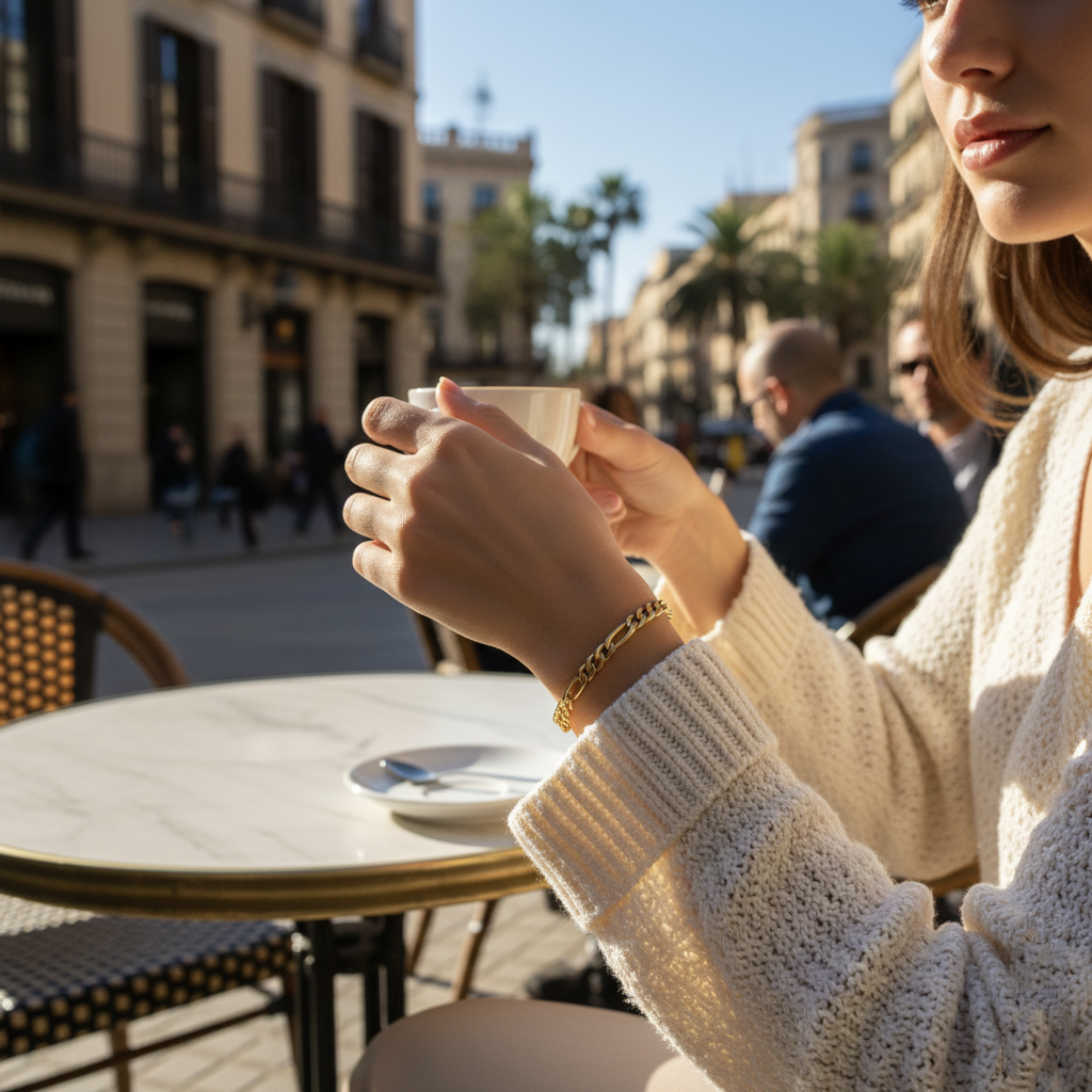 Pulsera Figaro de 3,7mm en Plata de Ley 925 Bañada en Oro 18K