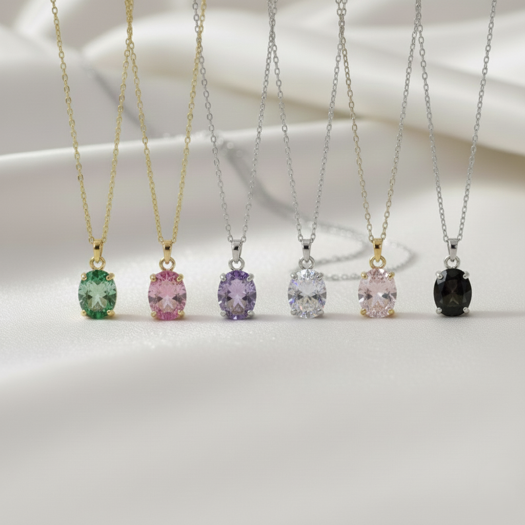 Gargantilla Solitario Oval en Plata de Ley 925 y Circonitas de Colores