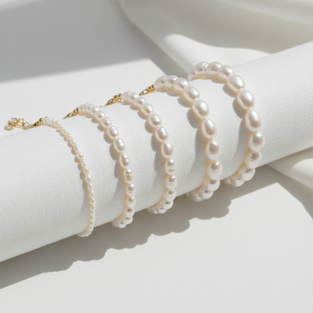 Pulsera de Perlas Naturales Forma de Arroz en Plata de Ley 925 Bañada en Oro