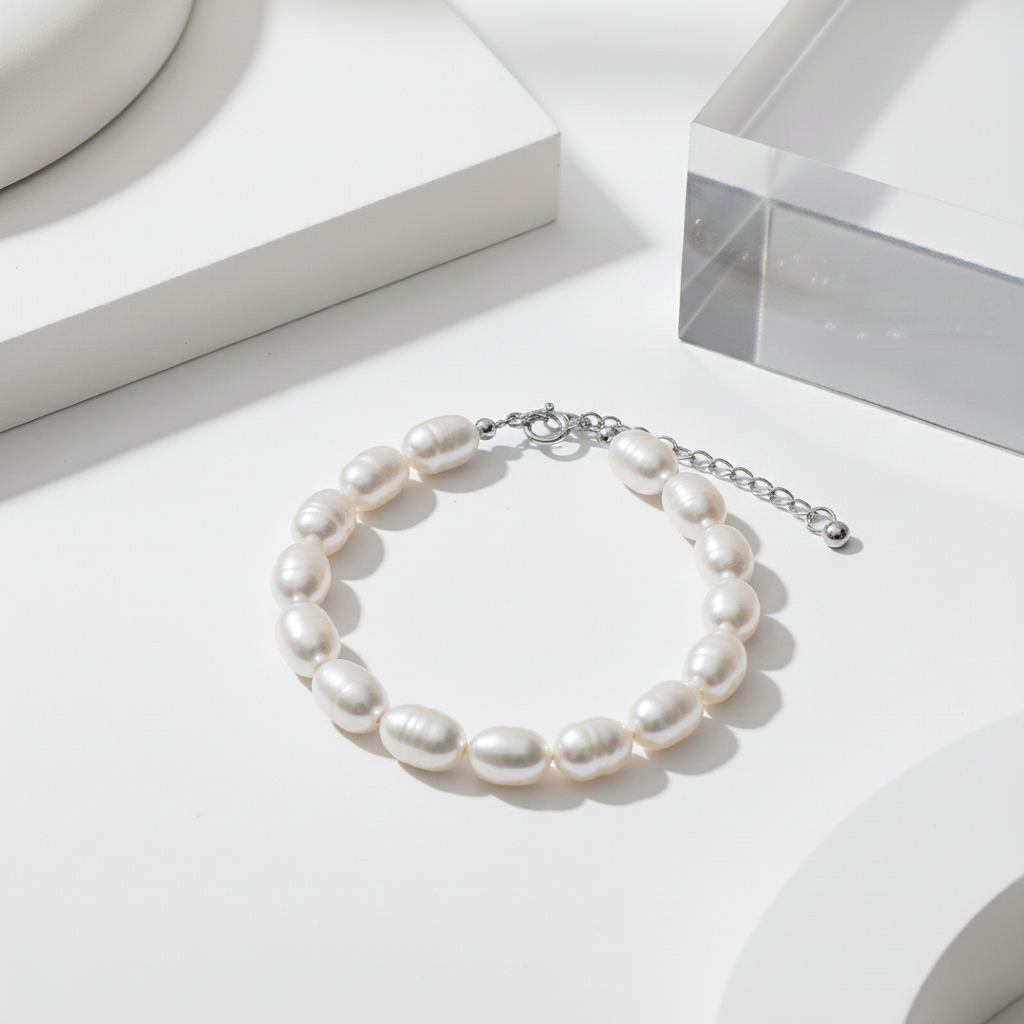 Pulsera de Perlas Naturales Forma de Arroz en Plata de Ley 925 Bañada en Oro