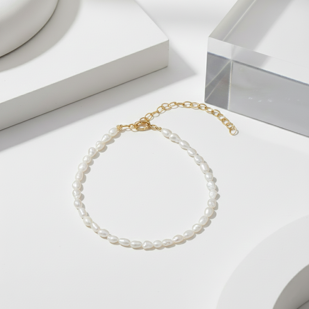 Pulsera de Perlas Naturales Forma de Arroz en Plata de Ley 925 Bañada en Oro