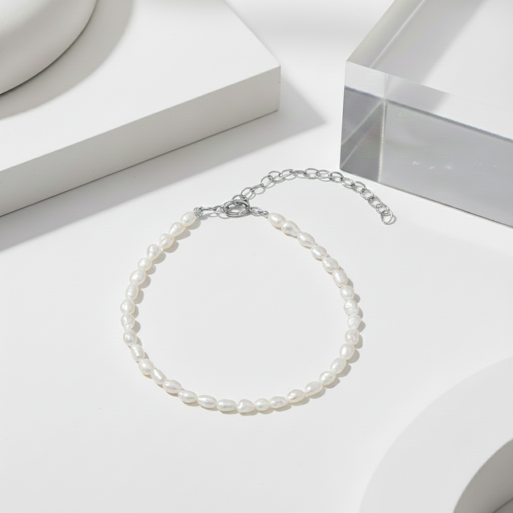 Pulsera de Perlas Naturales Forma de Arroz en Plata de Ley 925 Bañada en Oro