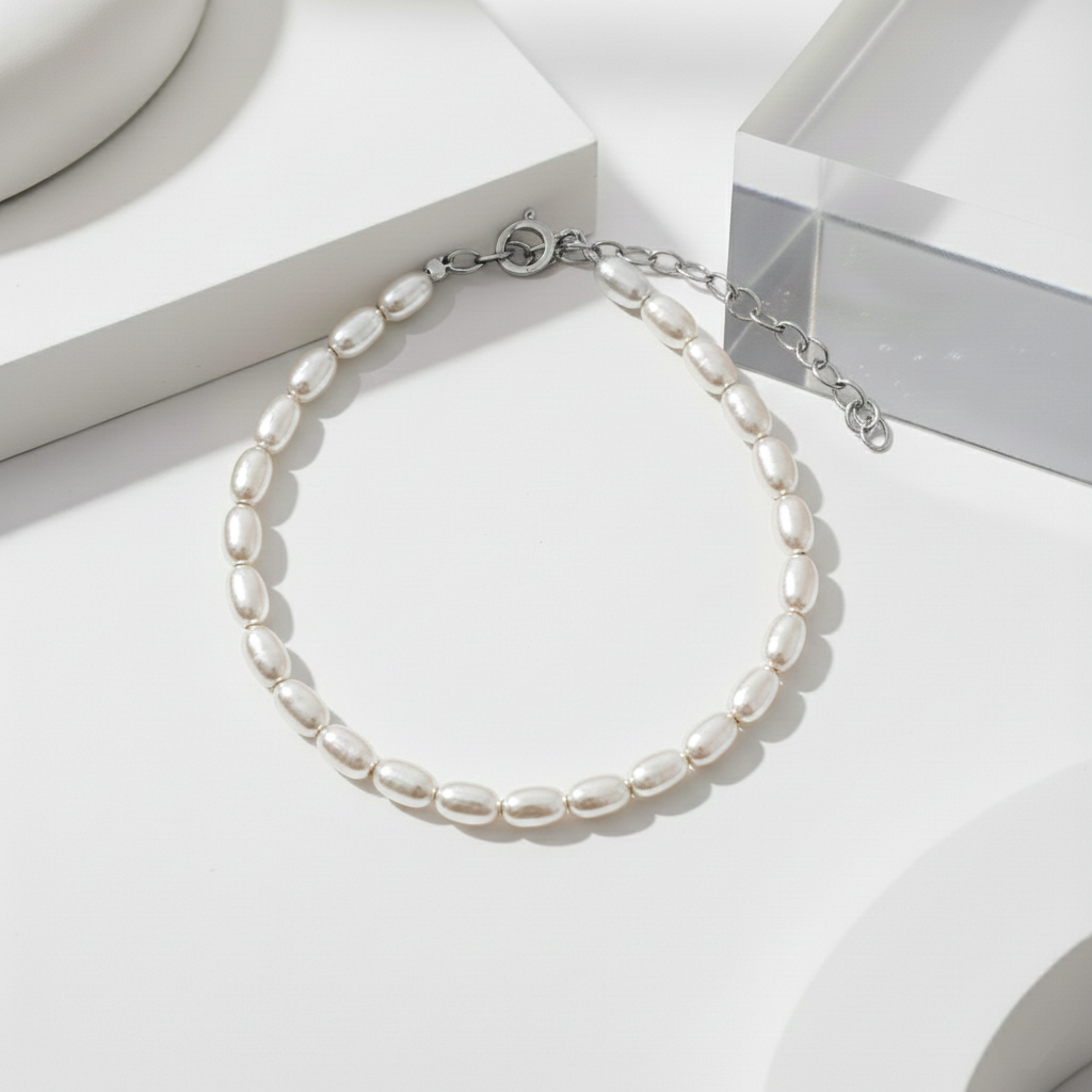 Pulsera de Perlas Naturales Forma de Arroz en Plata de Ley 925 Bañada en Oro