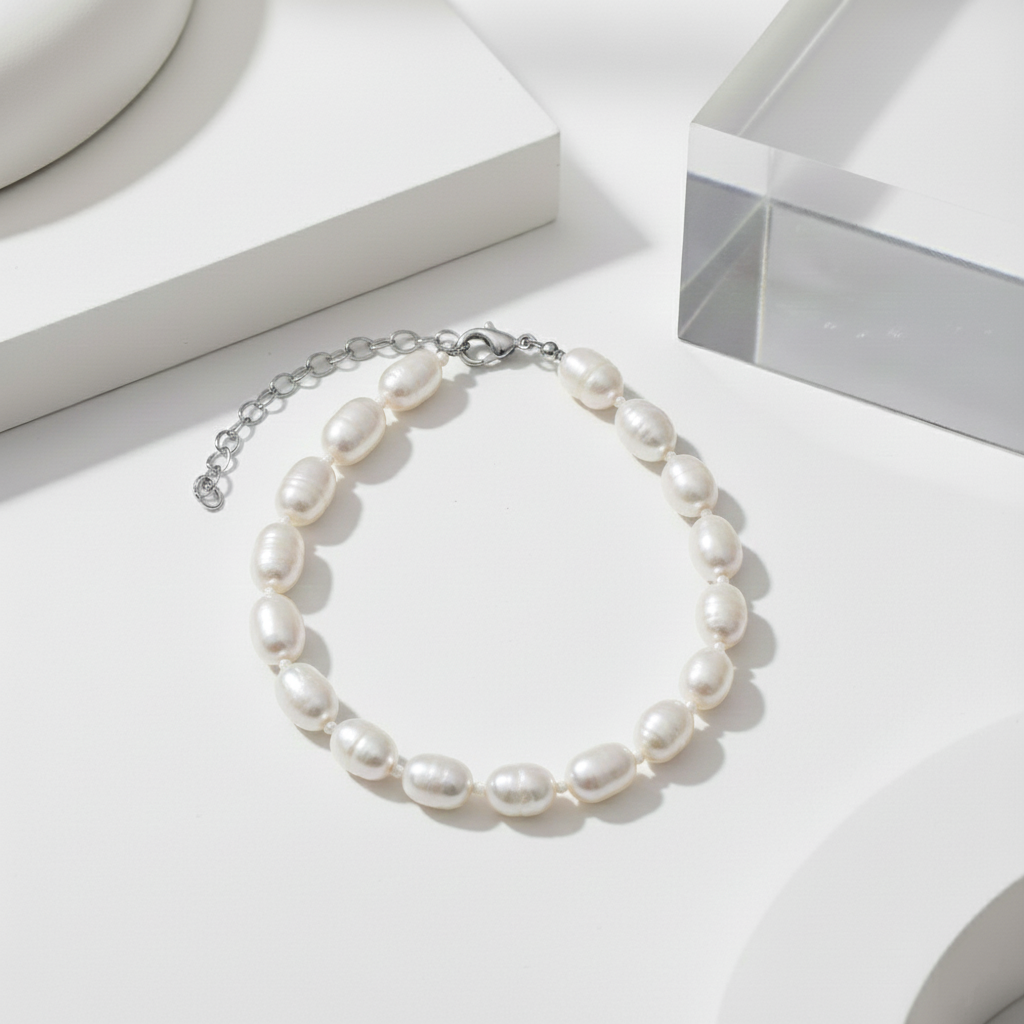 Pulsera de Perlas Naturales Forma de Arroz en Plata de Ley 925 Bañada en Oro