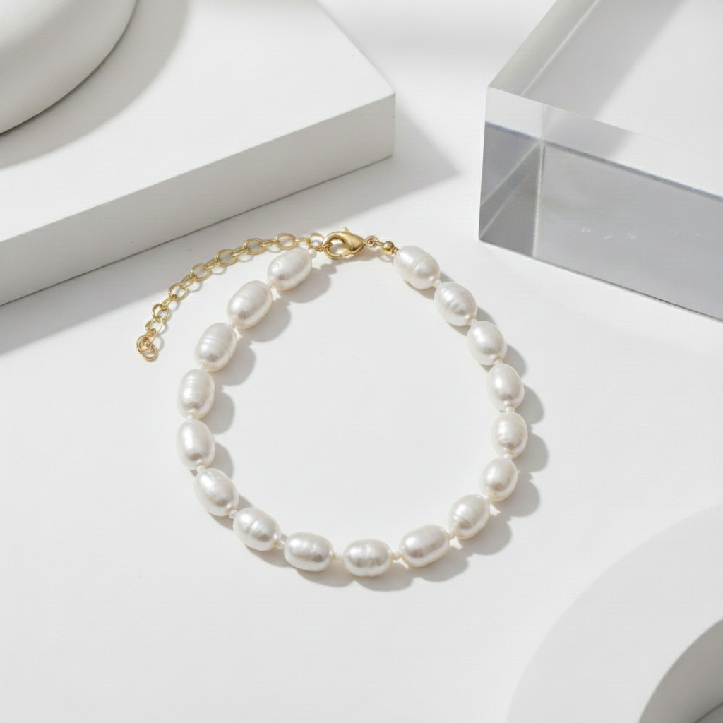 Pulsera de Perlas Naturales Forma de Arroz en Plata de Ley 925 Bañada en Oro