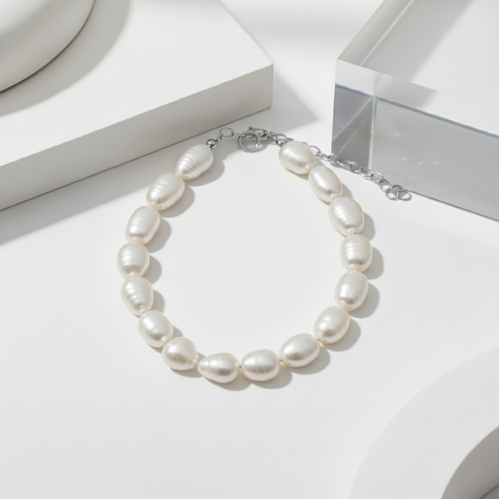 Pulsera de Perlas Naturales Forma de Arroz en Plata de Ley 925 Bañada en Oro