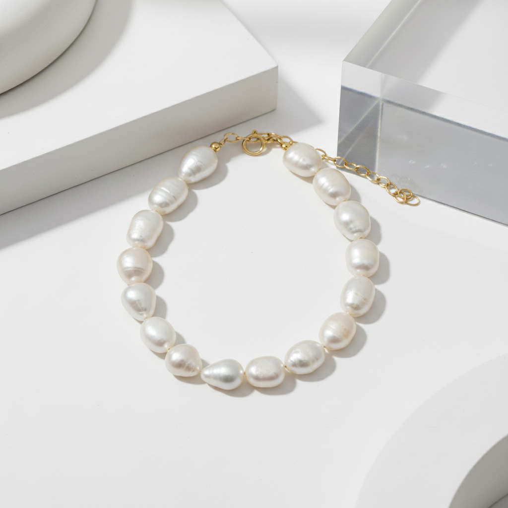 Pulsera de Perlas Naturales Forma de Arroz en Plata de Ley 925 Bañada en Oro