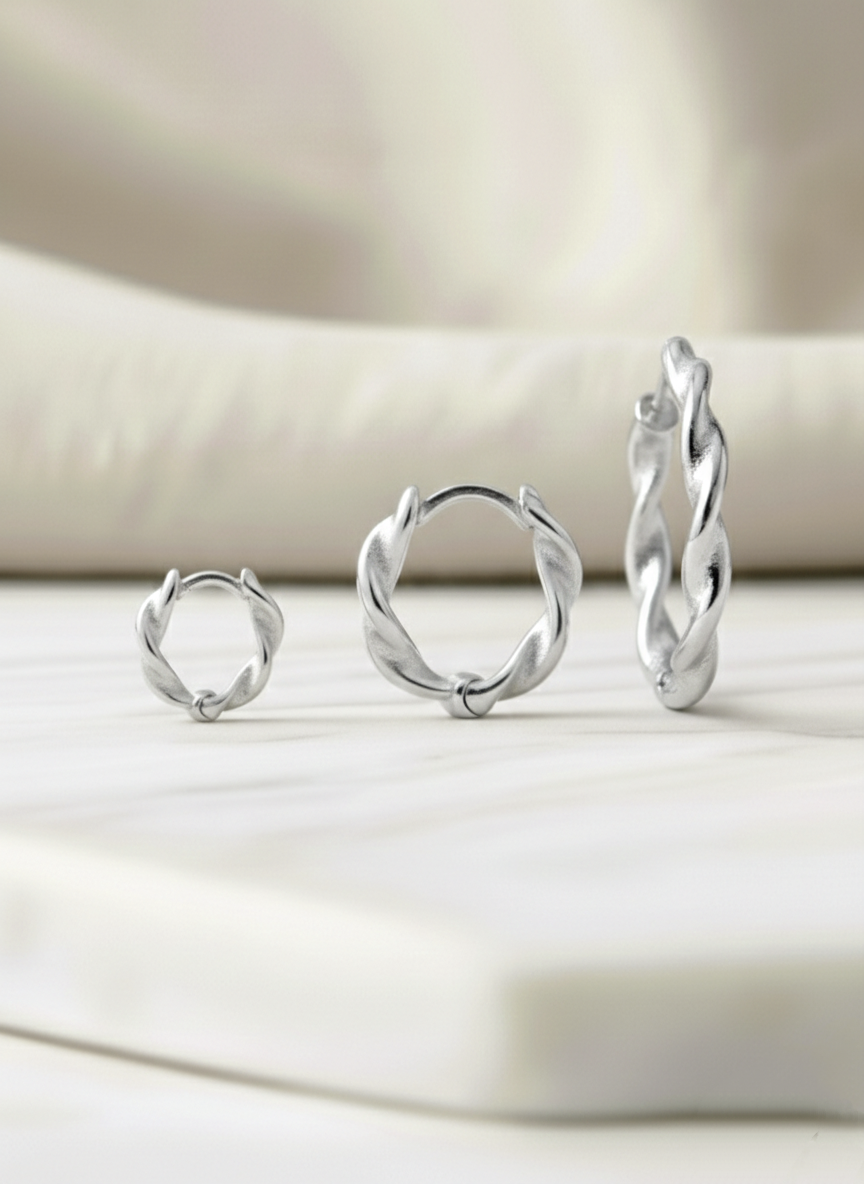 Pendientes Aro Trenzado 3 tamaños en Plata de Ley 925 con Cierre Aro Click