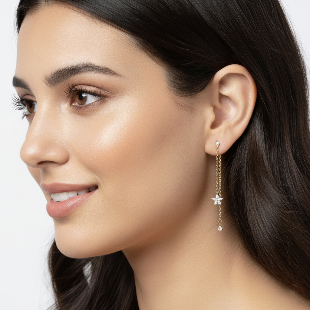 Pendientes Largos con Cadena, Flor y Gota en Plata de Ley 925 Bañada en Oro