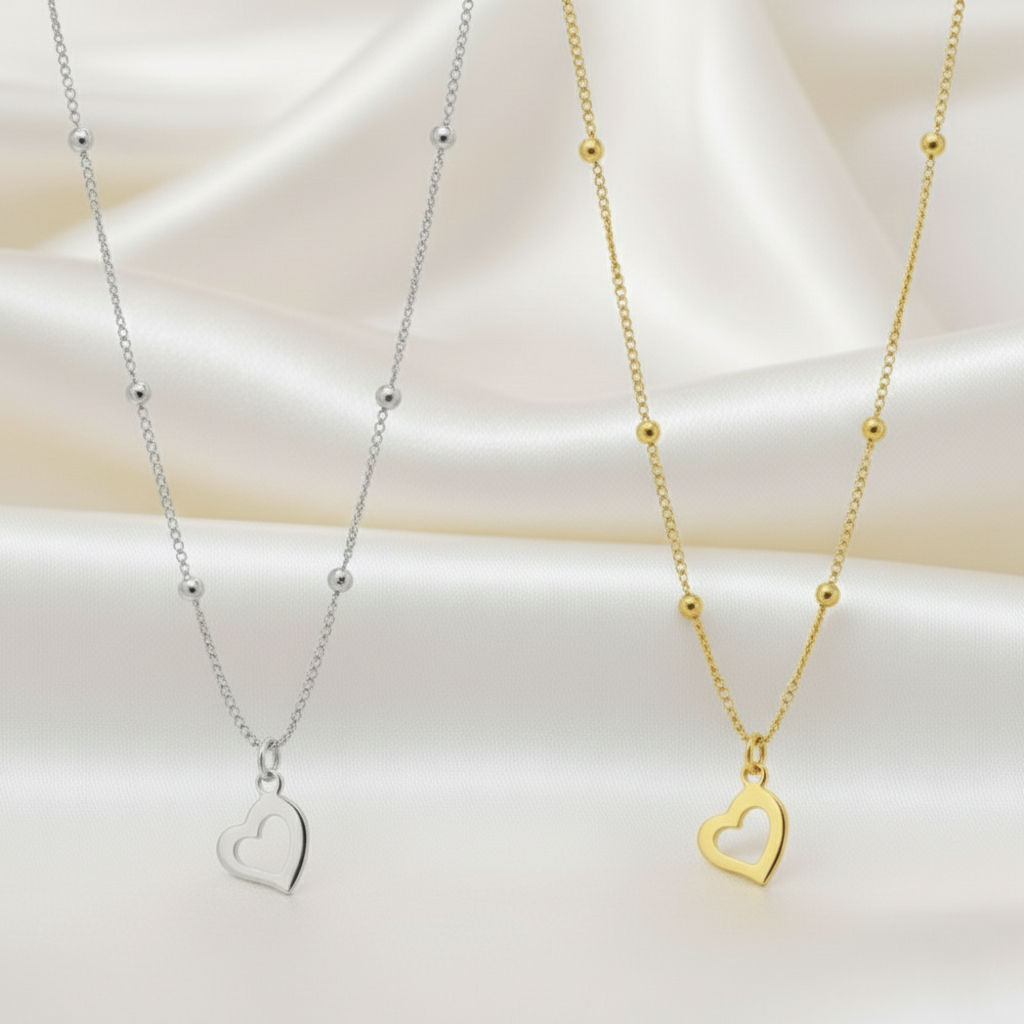 Gargantilla Cadena de Bolas con Corazón Calado en Plata de Ley 925 Bañada en Oro 18K
